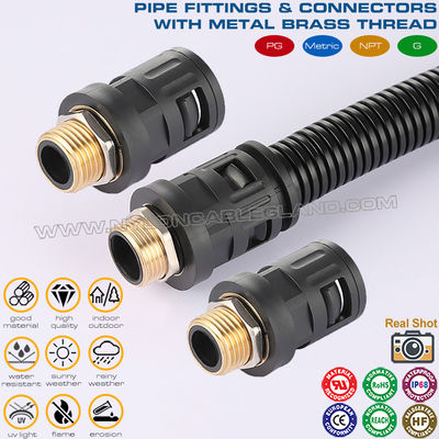 Nylon 6 Connectors (Joints, Fittings) black RAL9005 with Metal Male Thread PG7~PG48 for Corrugated Tubes AD7~AD108