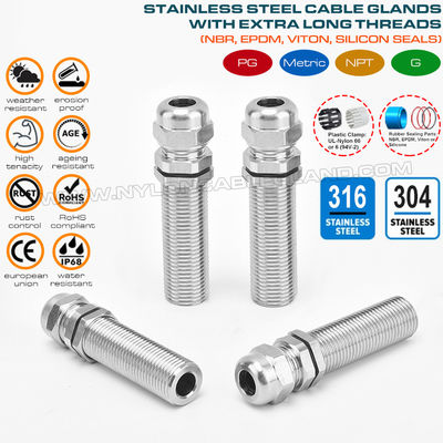 Long Thread Cable Glands IP68, Stainless Steel EN 1.4404/1.4401/1.4301, Metric M12~M100, for Thick Enclosure