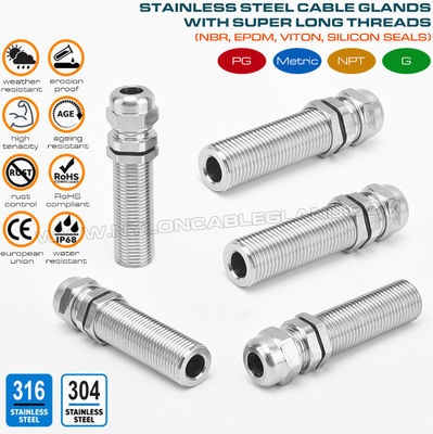 Long Thread Cable Glands IP68, Stainless Steel EN 1.4404/1.4401/1.4301, Metric M12~M100, for Thick Enclosure