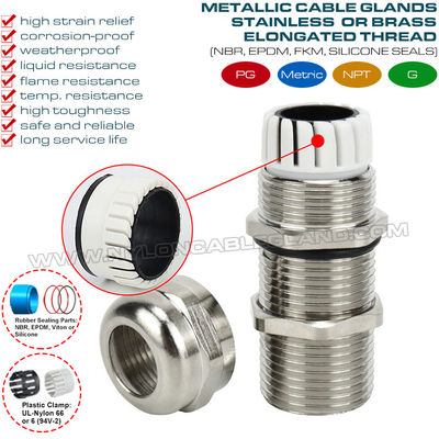 Long Thread Cable Glands IP68, Stainless Steel EN 1.4404/1.4401/1.4301, Metric M12~M100, for Thick Enclosure