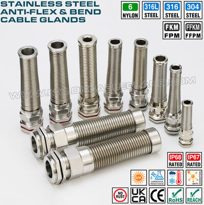 IP68 Stainless Steel Metal Cable Glands with Helical Flexible Pigtail M12x1.5-M50x1.5, Metric Pitch, 316L/316/304 Version
