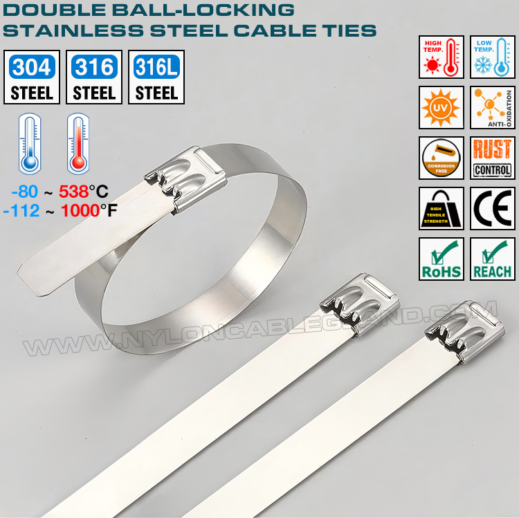 Stainless Steel Cable Ties with Double Ball Lock, 350~1100mm Lengths, 12mm & 16mm Widths, Ø25~278mm