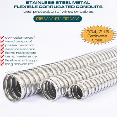 নমনীয় ঢেউতোলা ধাতব টিউব Ø6mm~Ø100mm, 316 এবং 304 স্টেইনলেস স্টিলের ঢেউতোলা পাইপ (হোসেস) তারের সুরক্ষার জন্য অক্ষীয় টান 36 kgf~600 kgf।