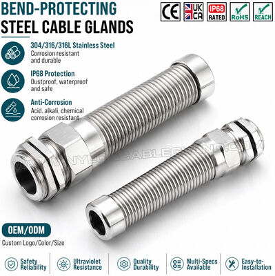 স্পাইরাল ফ্লেক্সিবল তারের গ্রন্থি M32x1.5 (Ø 15~22 মিমি), স্টেইনলেস স্টিল 304, 316, বা 316L, তীব্র বাঁক থেকে সুরক্ষা, চরম প্রতিকূল পরিবেশের জন্য।