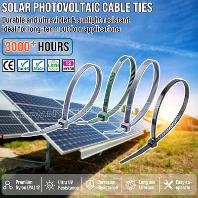 নাইলন (PA) ১২ ইউভি-প্রতিরোধী (UV-resistant) জিপ টাই ৩০০ মিমি x ৪.৮ মিমি (ব্যাস ৩-৮০ মিমি), লবণ ও রাসায়নিক পদার্থের বিরুদ্ধে চমৎকার প্রতিরোধ ক্ষমতা, সোলার ফটোভোলটাইক শিল্পের জন্য উপযুক্ত।